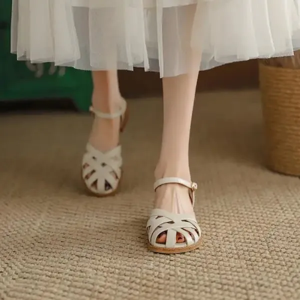 2024 Sandals Retro Woman Shoes Block Heels Suit Female Beige Breathable New Original Chunky Summer Black Girls Low Closed Gladia