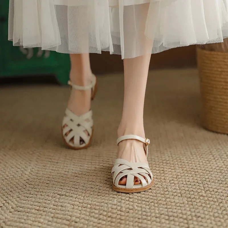 2024 Sandals Retro Woman Shoes Block Heels Suit Female Beige Breathable New Original Chunky Summer Black Girls Low Closed Gladia