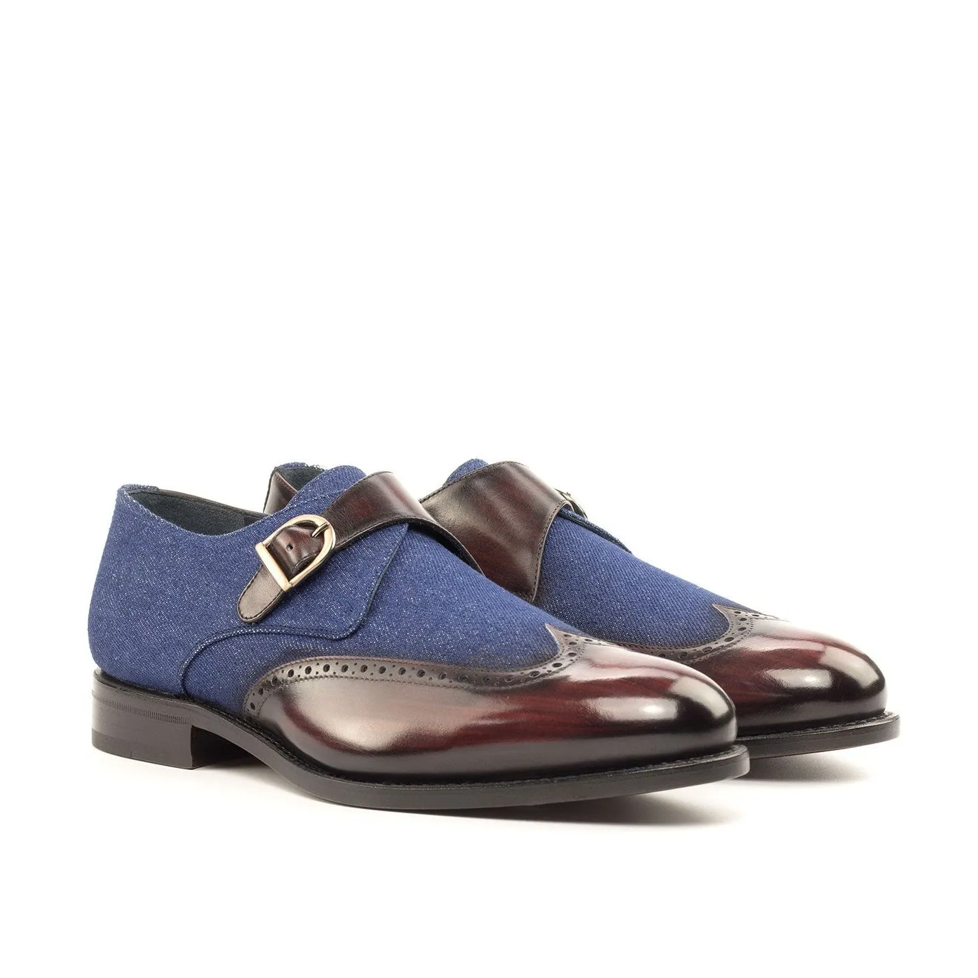 Ambrogio Bespoke Custom Men's Shoes Navy & Burgundy Jeans Fabric / Patina Leather Monk-Strap Loafers (AMB2194)