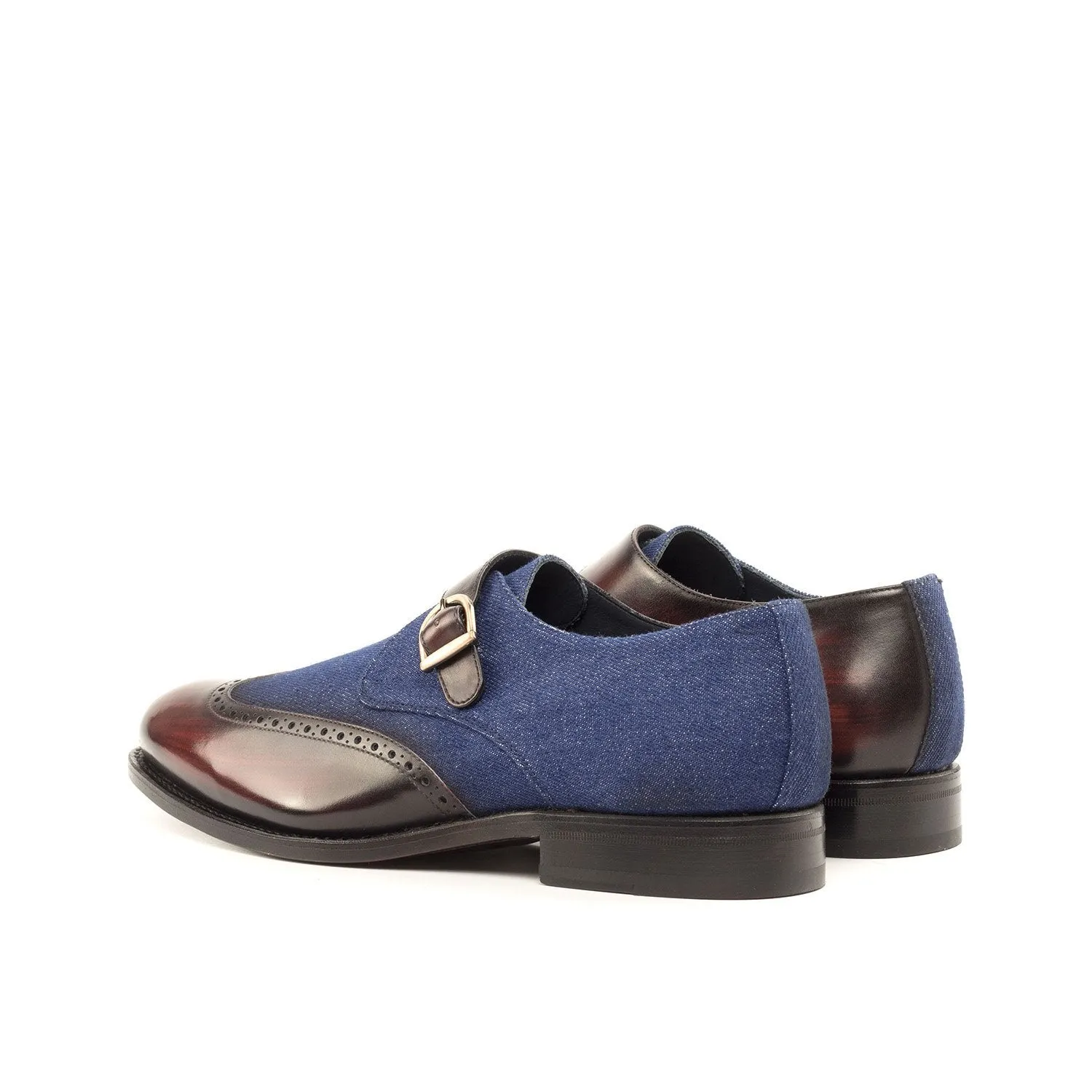 Ambrogio Bespoke Custom Men's Shoes Navy & Burgundy Jeans Fabric / Patina Leather Monk-Strap Loafers (AMB2194)