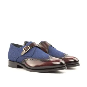 Ambrogio Bespoke Custom Men's Shoes Navy & Burgundy Jeans Fabric / Patina Leather Monk-Strap Loafers (AMB2194)