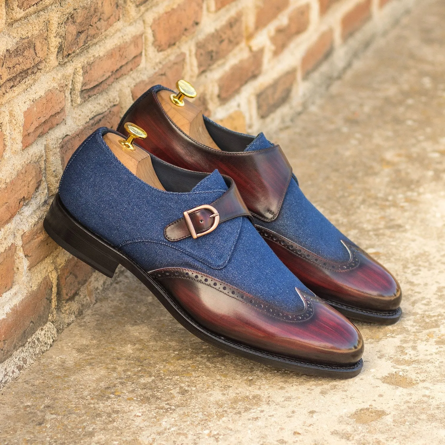 Ambrogio Bespoke Custom Men's Shoes Navy & Burgundy Jeans Fabric / Patina Leather Monk-Strap Loafers (AMB2194)