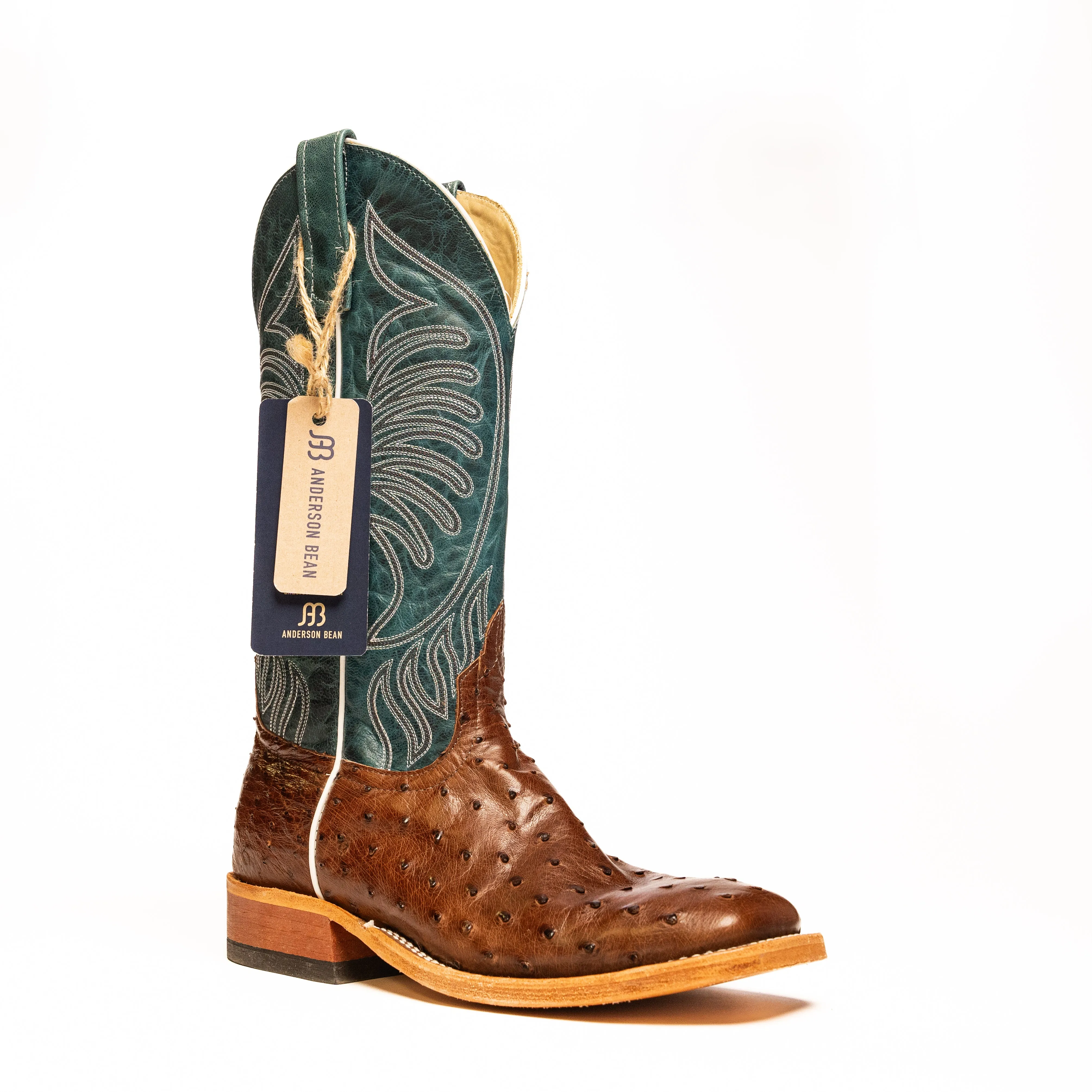 Anderson Bean Chocolate Full Quill Ostrich with Teal Fainting Goat Top S3004