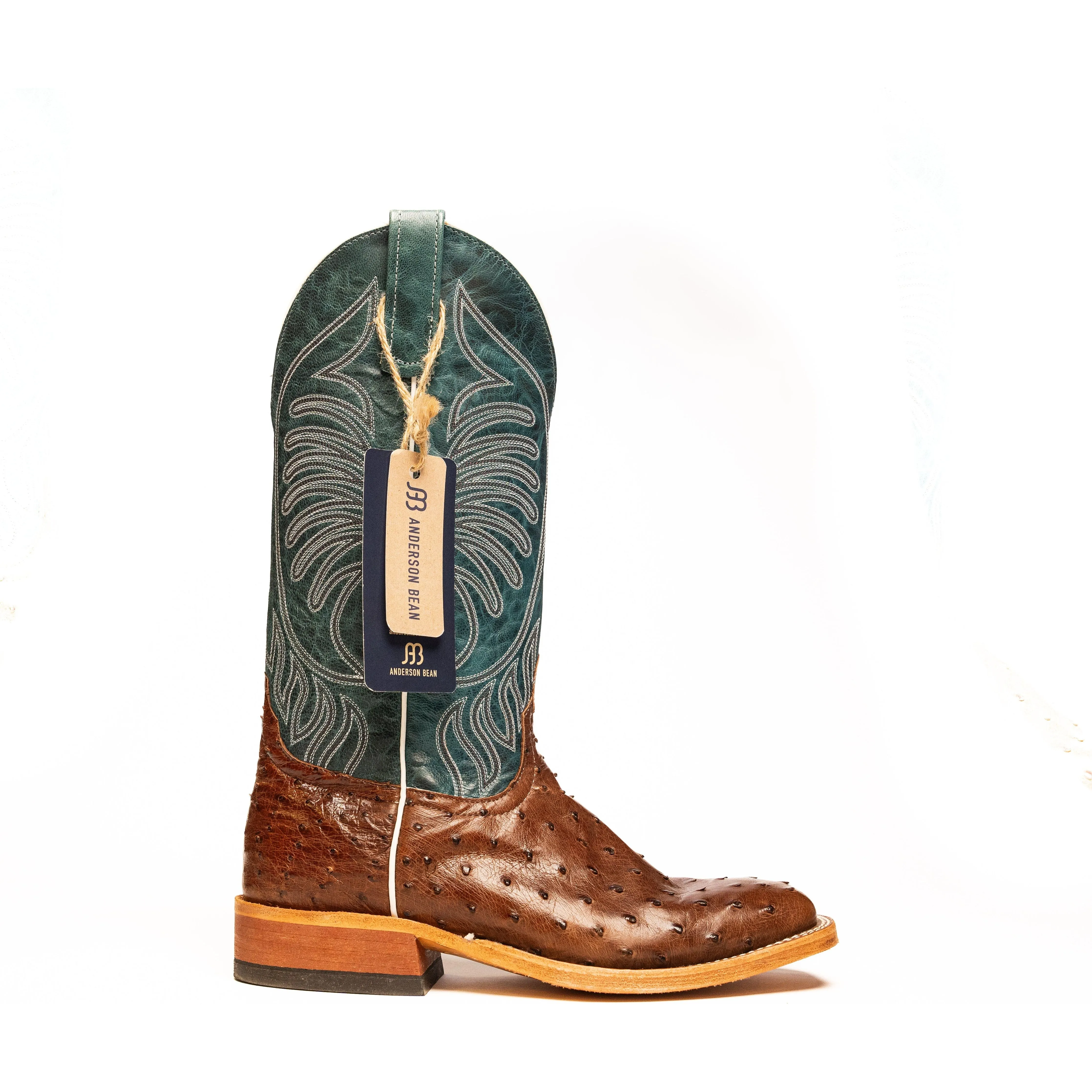 Anderson Bean Chocolate Full Quill Ostrich with Teal Fainting Goat Top S3004