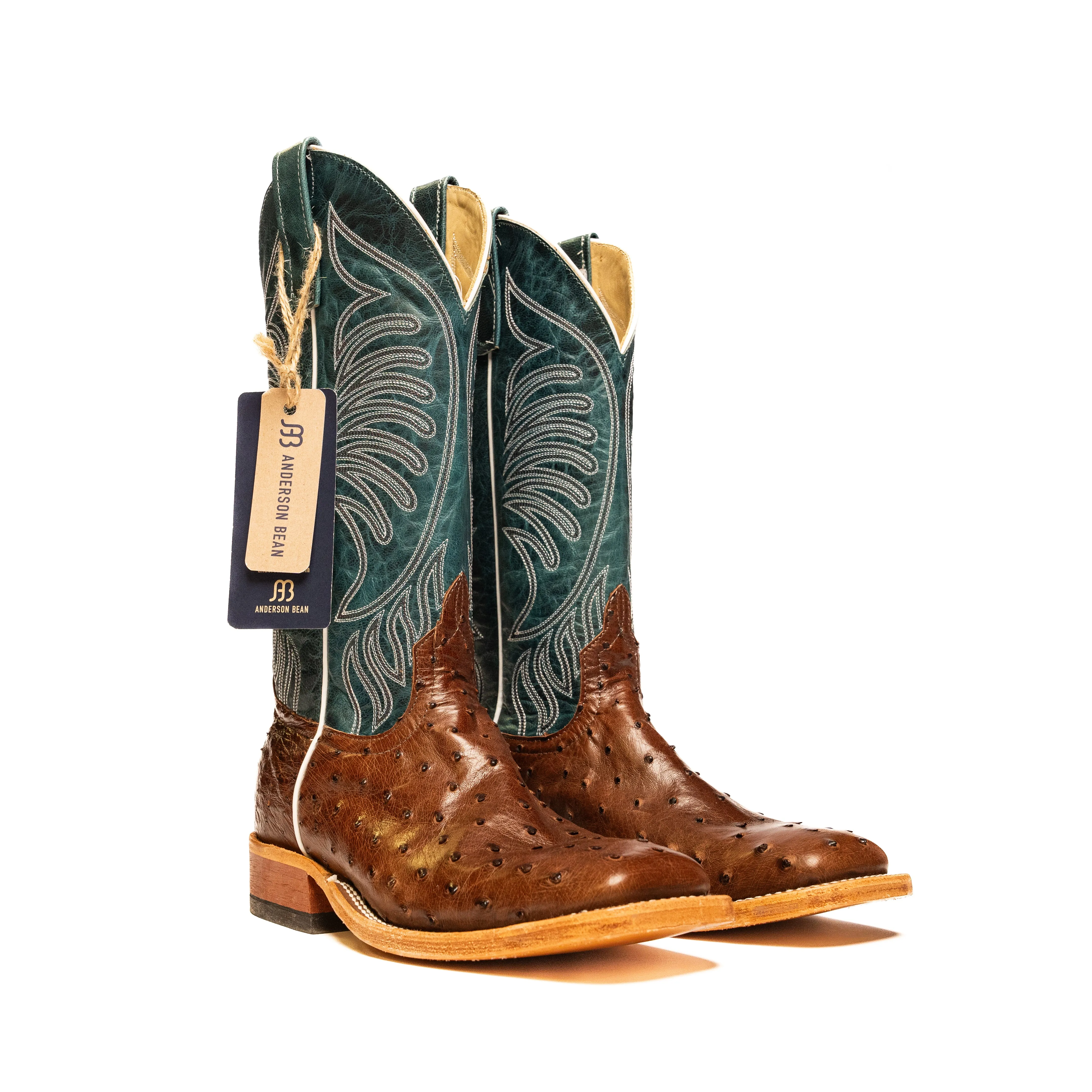 Anderson Bean Chocolate Full Quill Ostrich with Teal Fainting Goat Top S3004