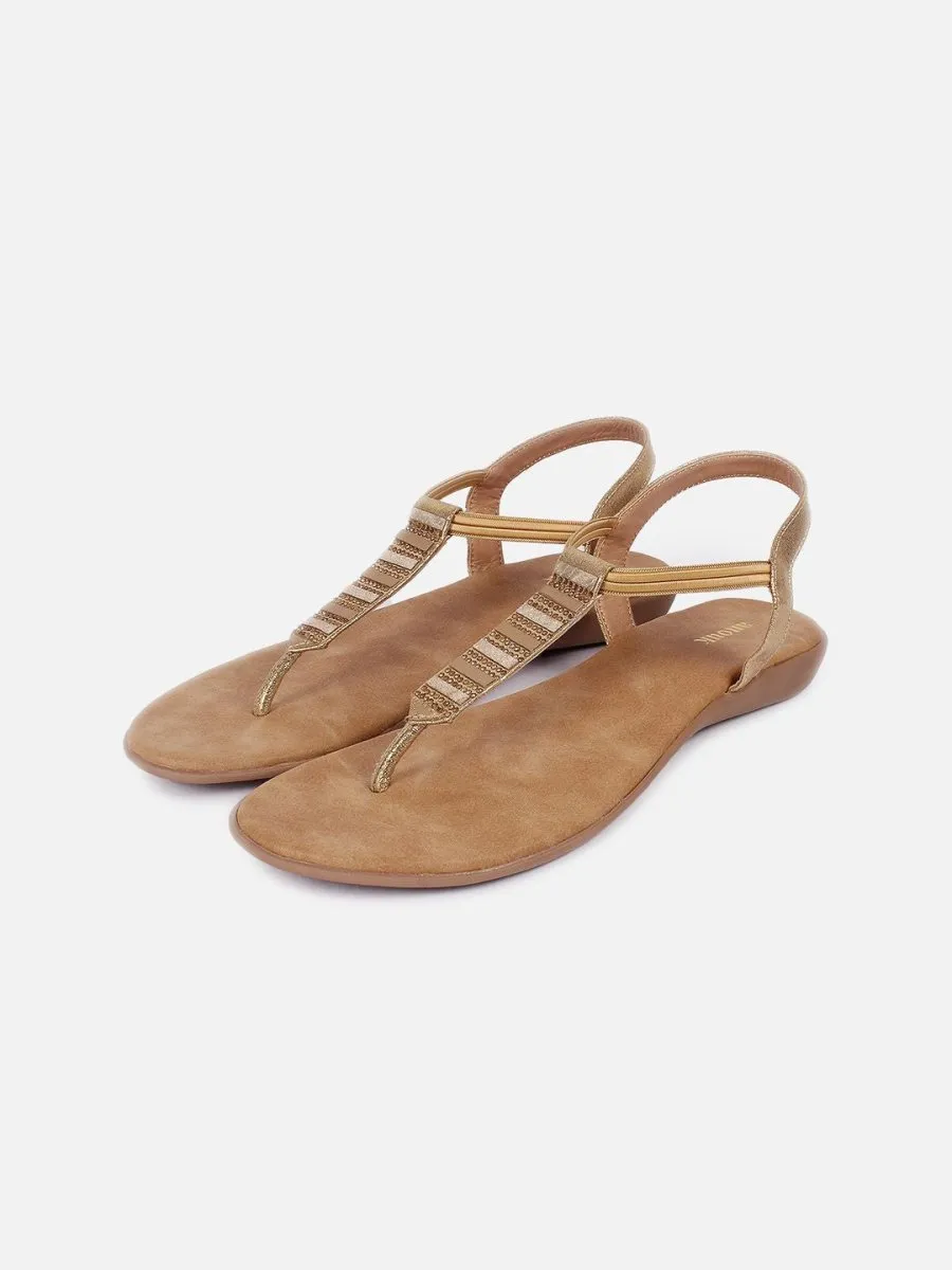 Anouk Beige Embellished T-Strap Flats With Backstrap