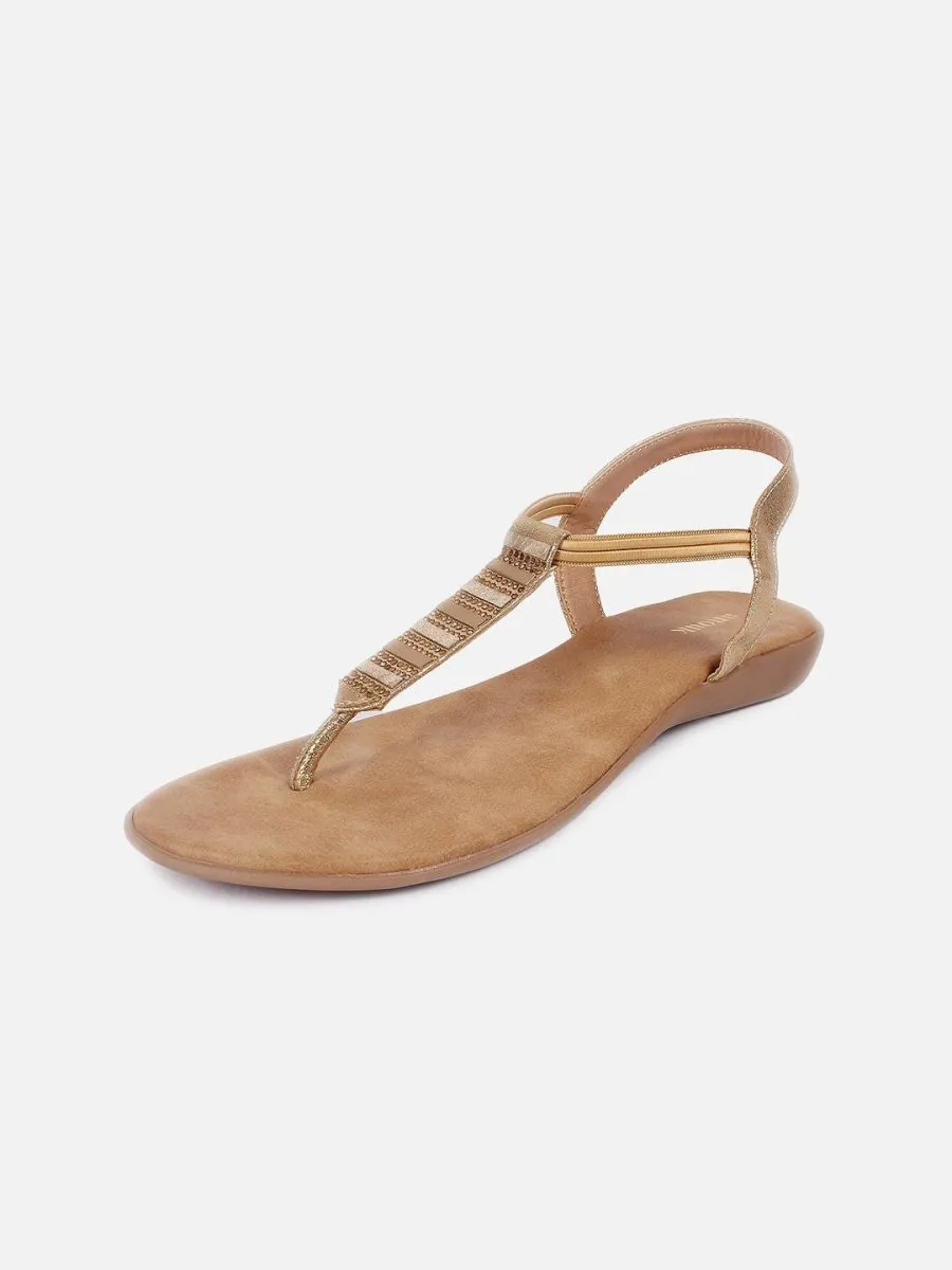 Anouk Beige Embellished T-Strap Flats With Backstrap