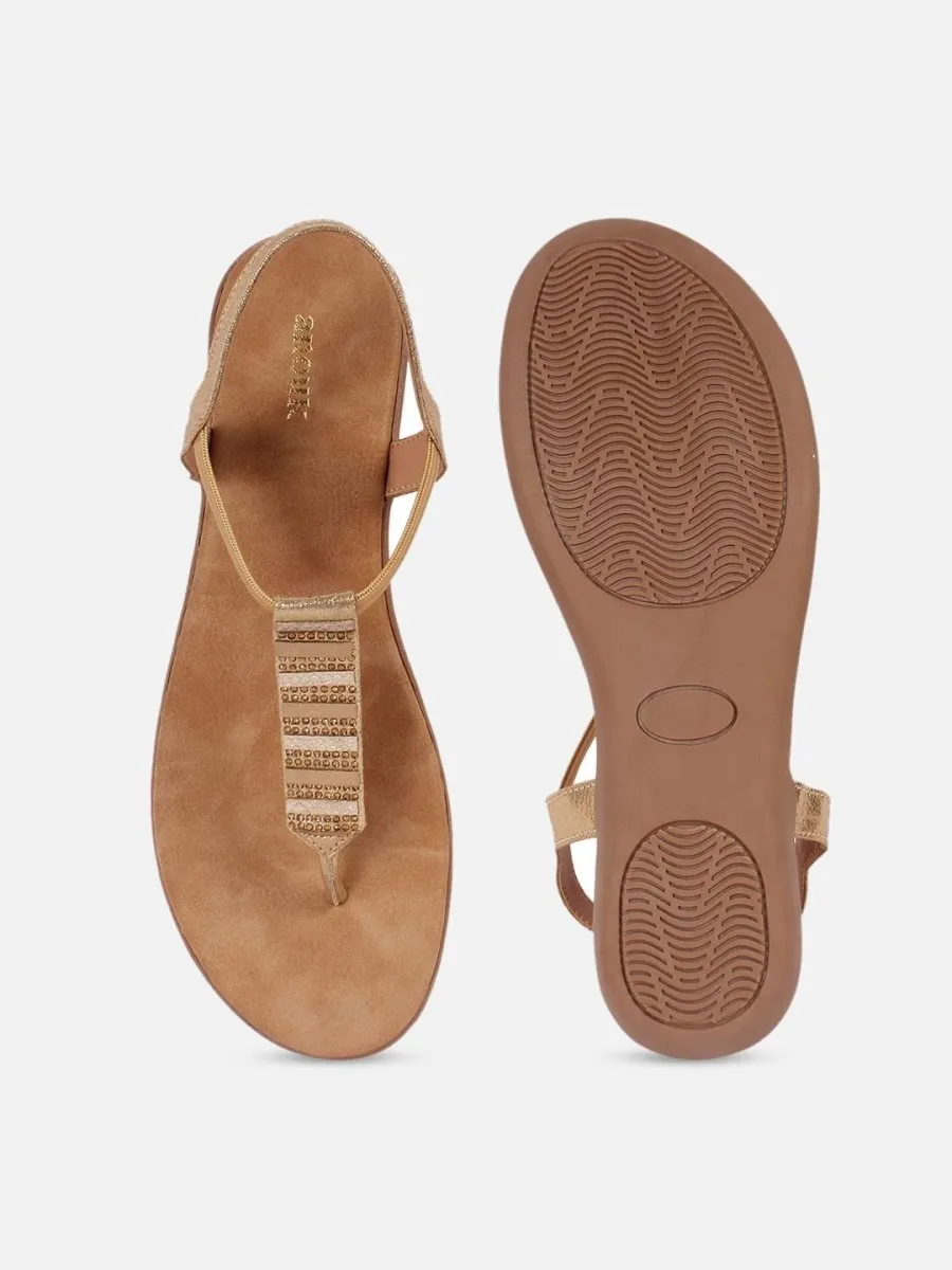 Anouk Beige Embellished T-Strap Flats With Backstrap