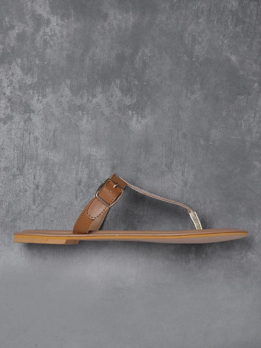 Anouk Women Gold-Toned & Brown Colourblocked T-Strap Flats