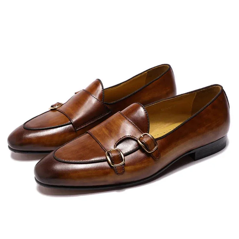 binfenxie  - Genuine Leather Mens Loafers Handmade Monk Strap Wedding Party Casual Dress Shoes Summer Autumn Footwear for Men