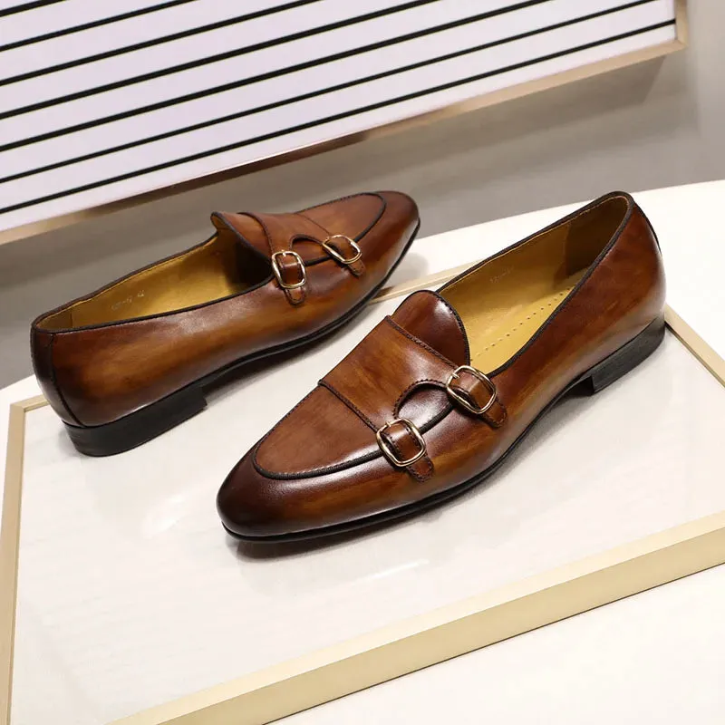 binfenxie  - Genuine Leather Mens Loafers Handmade Monk Strap Wedding Party Casual Dress Shoes Summer Autumn Footwear for Men