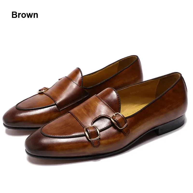 binfenxie  - Genuine Leather Mens Loafers Handmade Monk Strap Wedding Party Casual Dress Shoes Summer Autumn Footwear for Men
