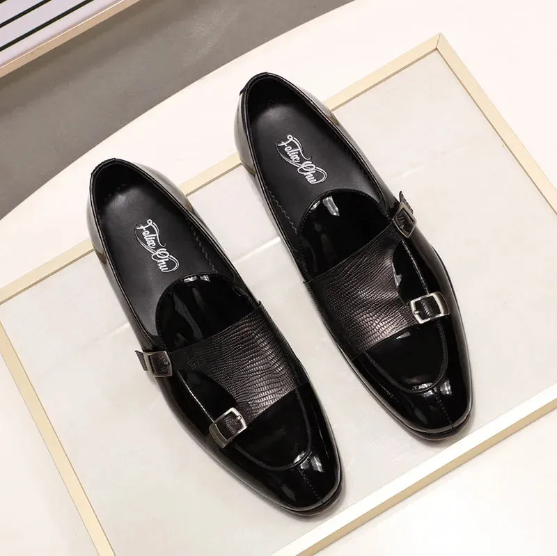 binfenxie  - Patent Leather Mens Loafers Wedding Party Dress Shoes Black Green Monk Strap Casual Fashion Men Slip-On Shoes