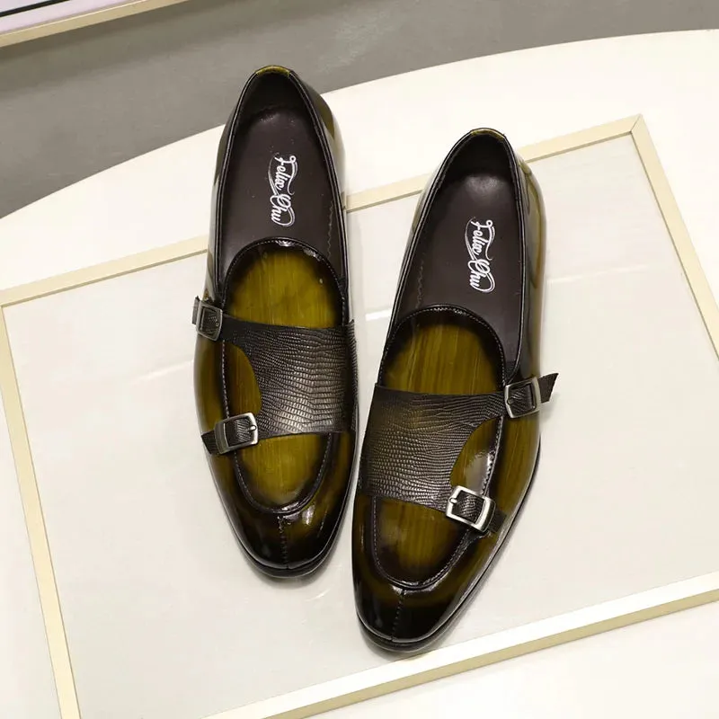 binfenxie  - Patent Leather Mens Loafers Wedding Party Dress Shoes Black Green Monk Strap Casual Fashion Men Slip-On Shoes
