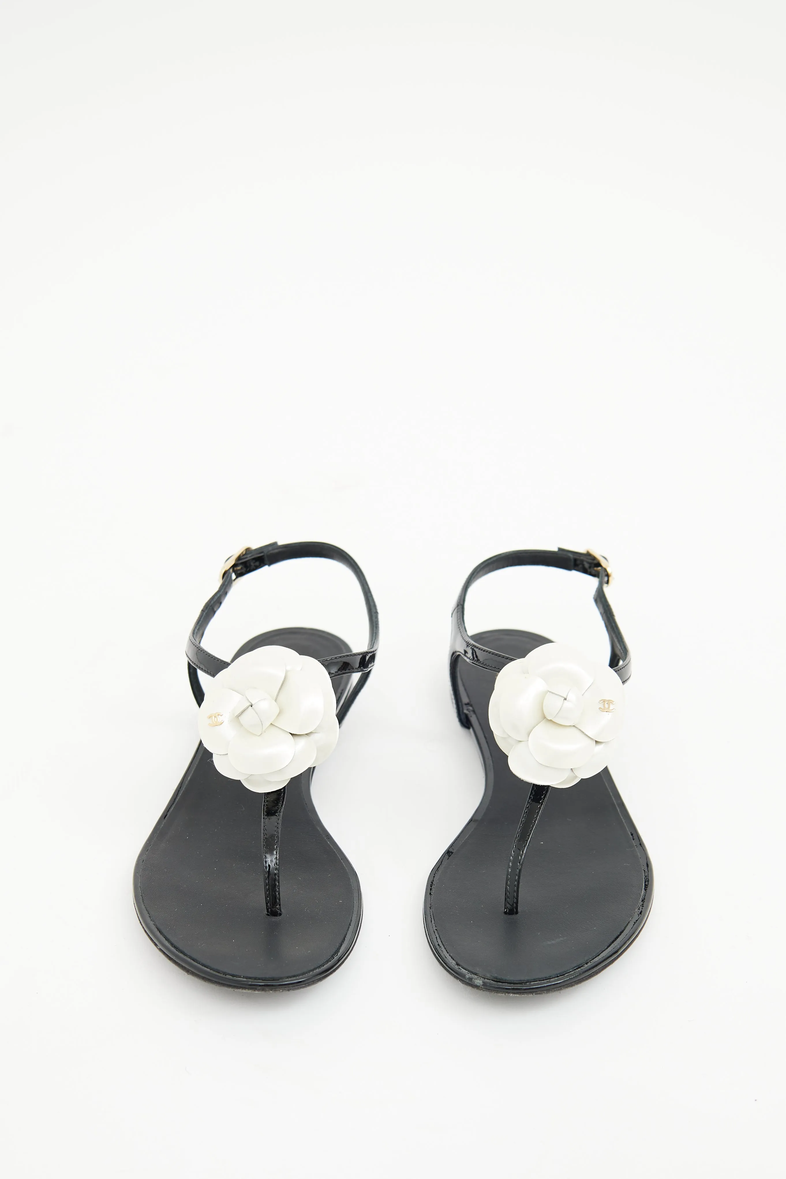 Black & White Camellia T-strap Sandal