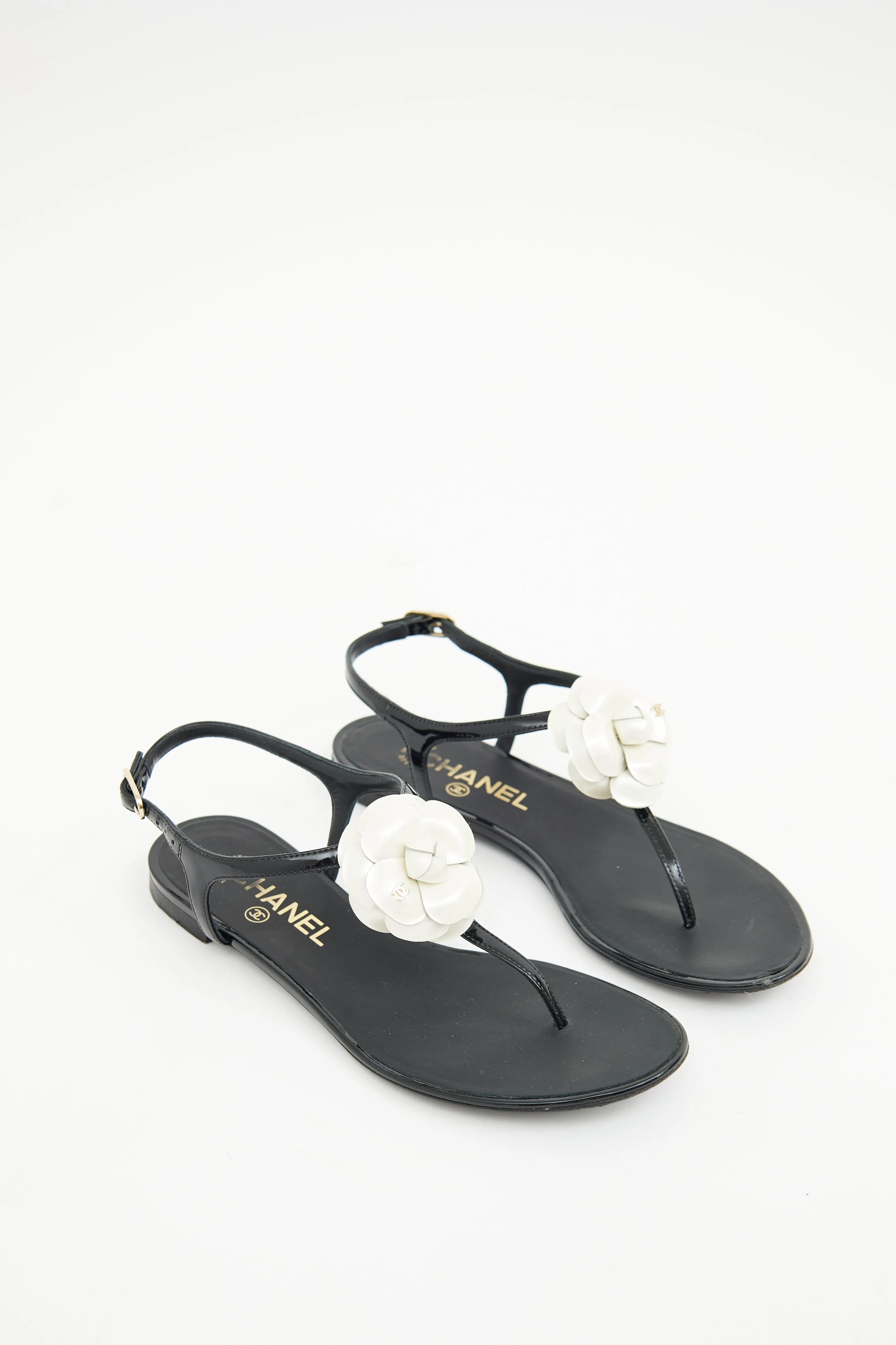 Black & White Camellia T-strap Sandal
