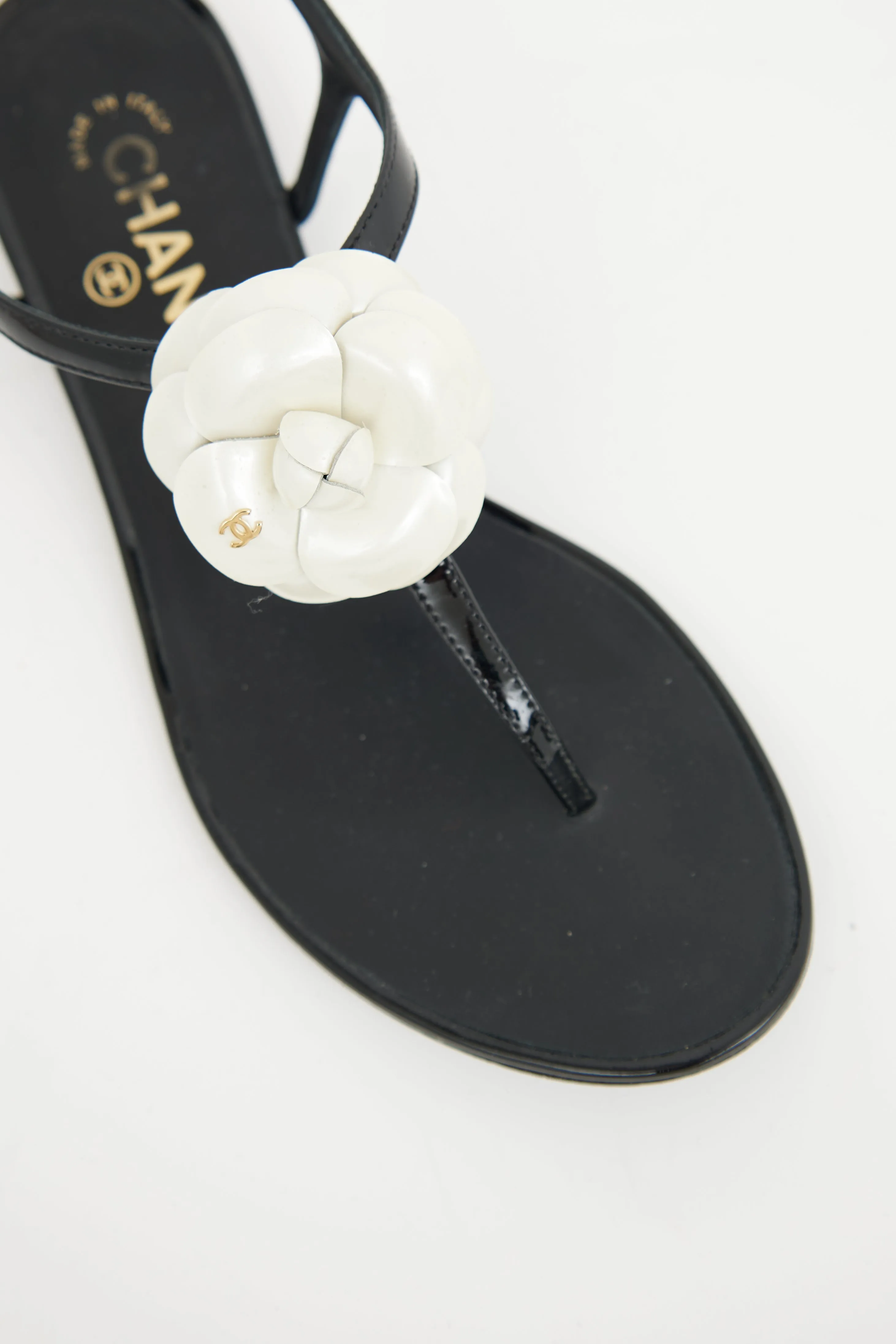 Black & White Camellia T-strap Sandal