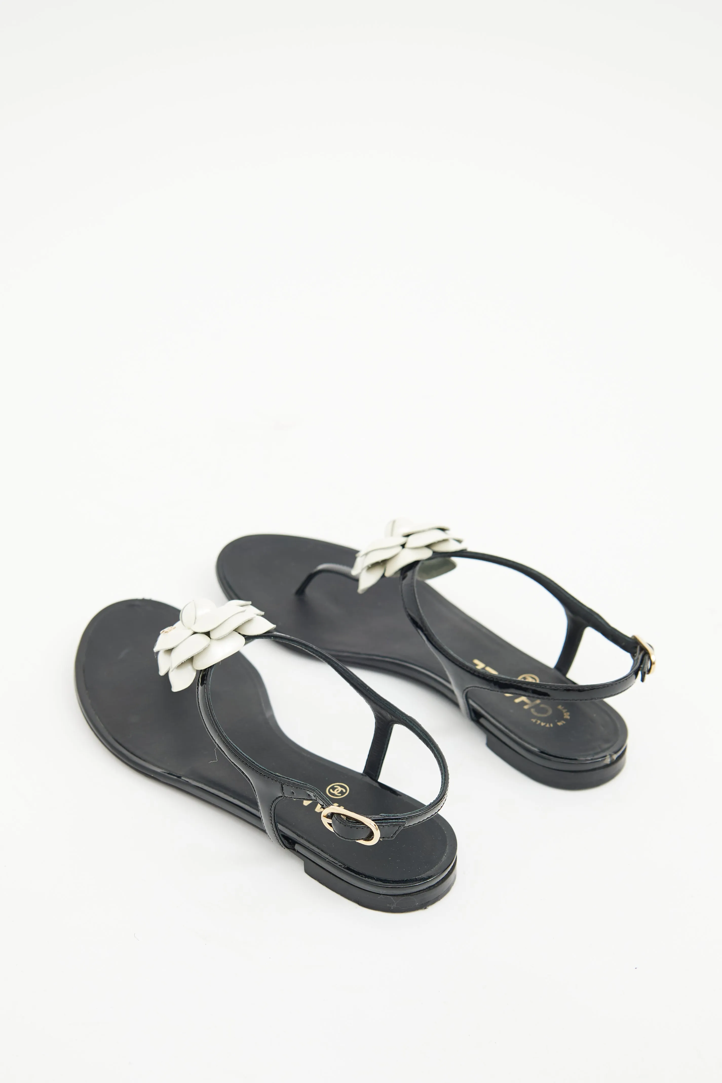 Black & White Camellia T-strap Sandal