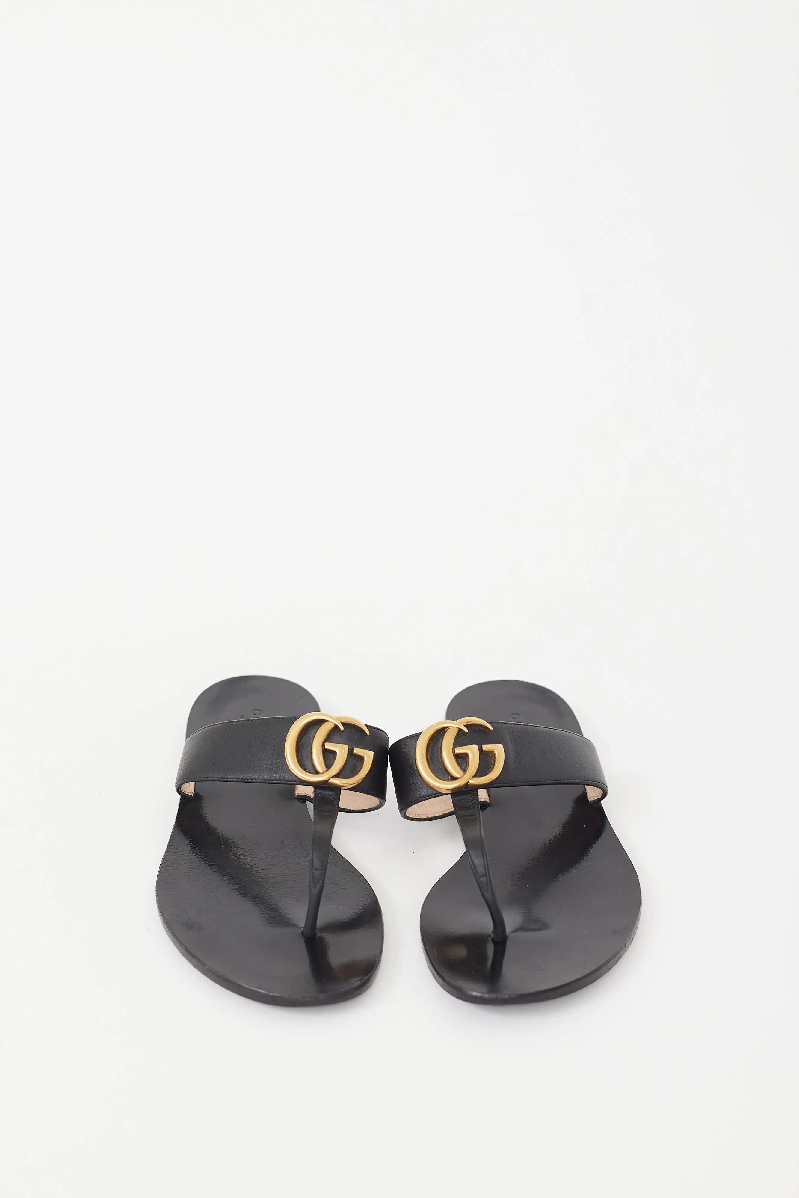 Black Leather GG T-Strap Sandal