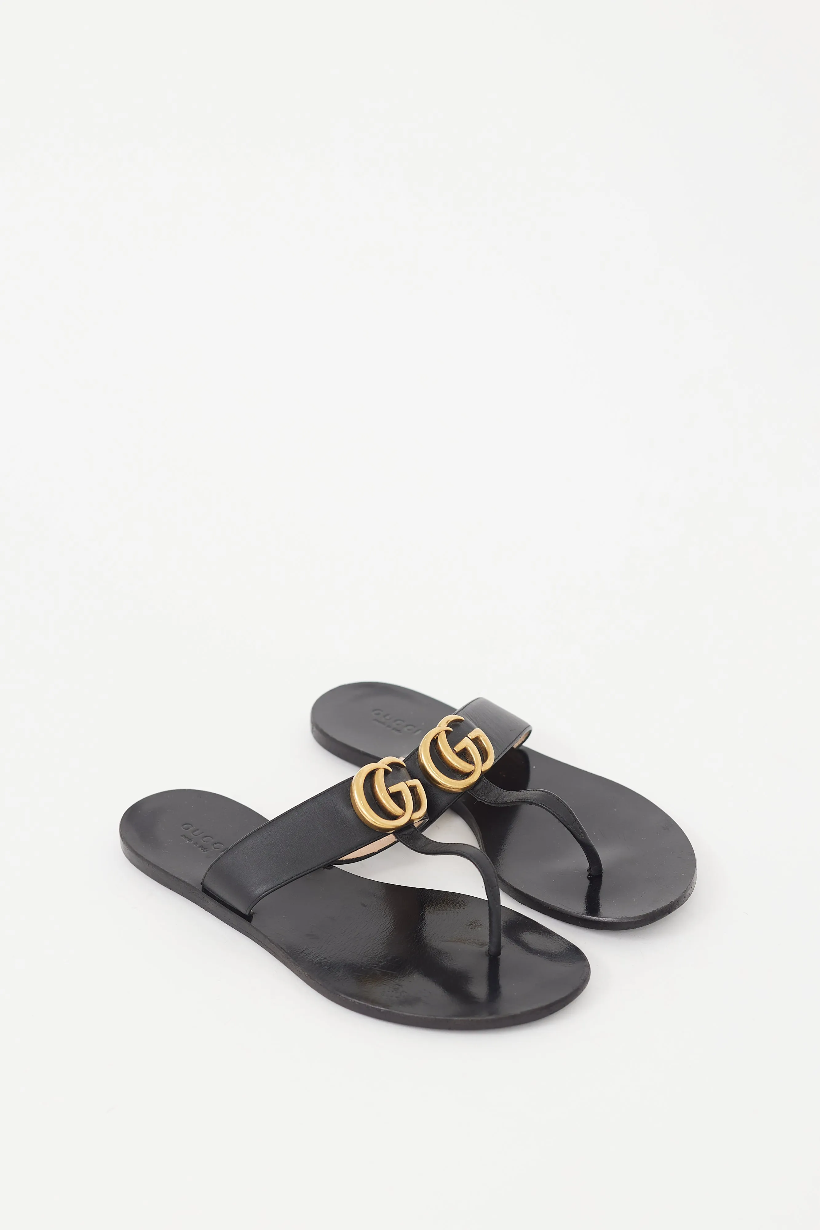 Black Leather GG T-Strap Sandal