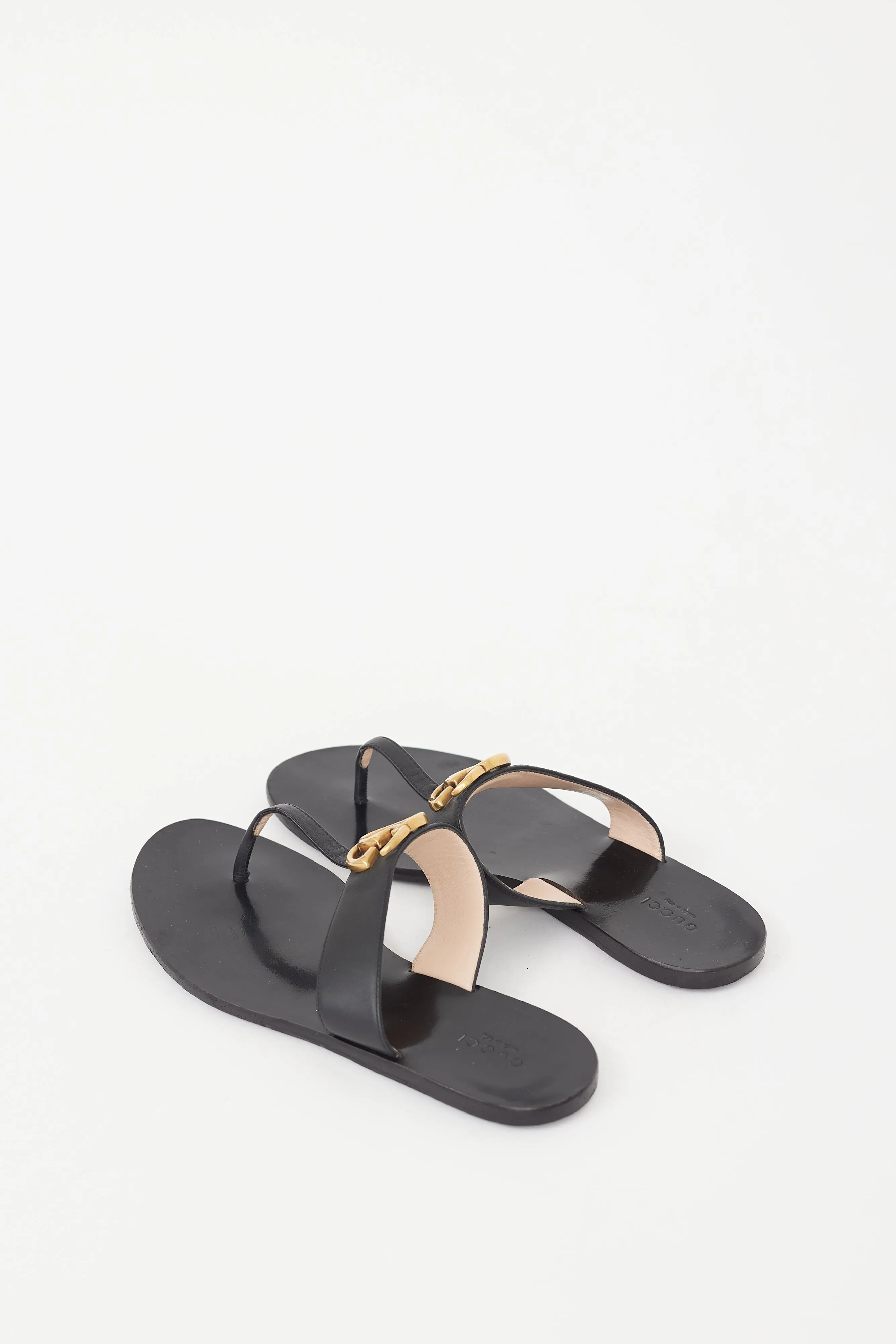 Black Leather GG T-Strap Sandal