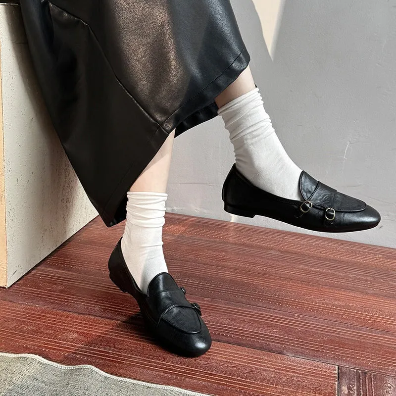 British Style Round Toe Monk Strap Low Heel Loafers in Brown/Black