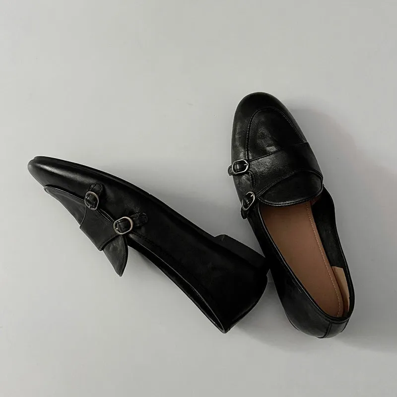 British Style Round Toe Monk Strap Low Heel Loafers in Brown/Black