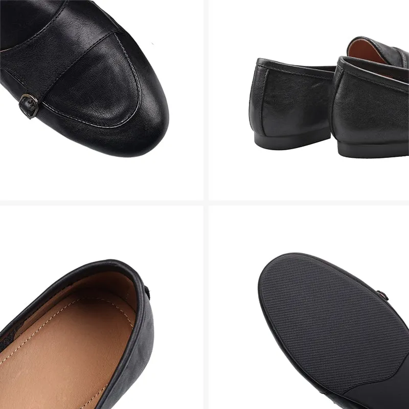 British Style Round Toe Monk Strap Low Heel Loafers in Brown/Black
