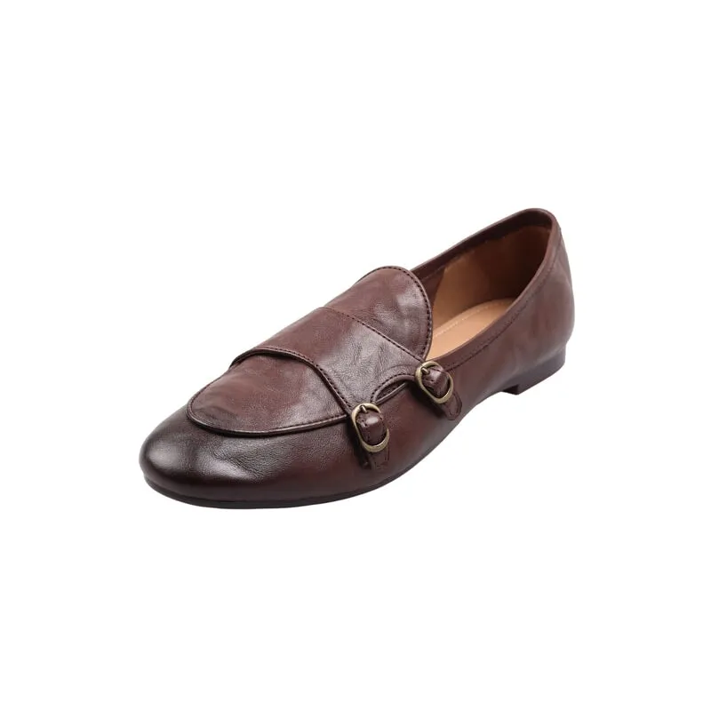 British Style Round Toe Monk Strap Low Heel Loafers in Brown/Black