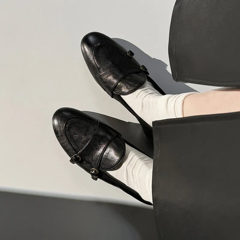 British Style Round Toe Monk Strap Low Heel Loafers in Brown/Black