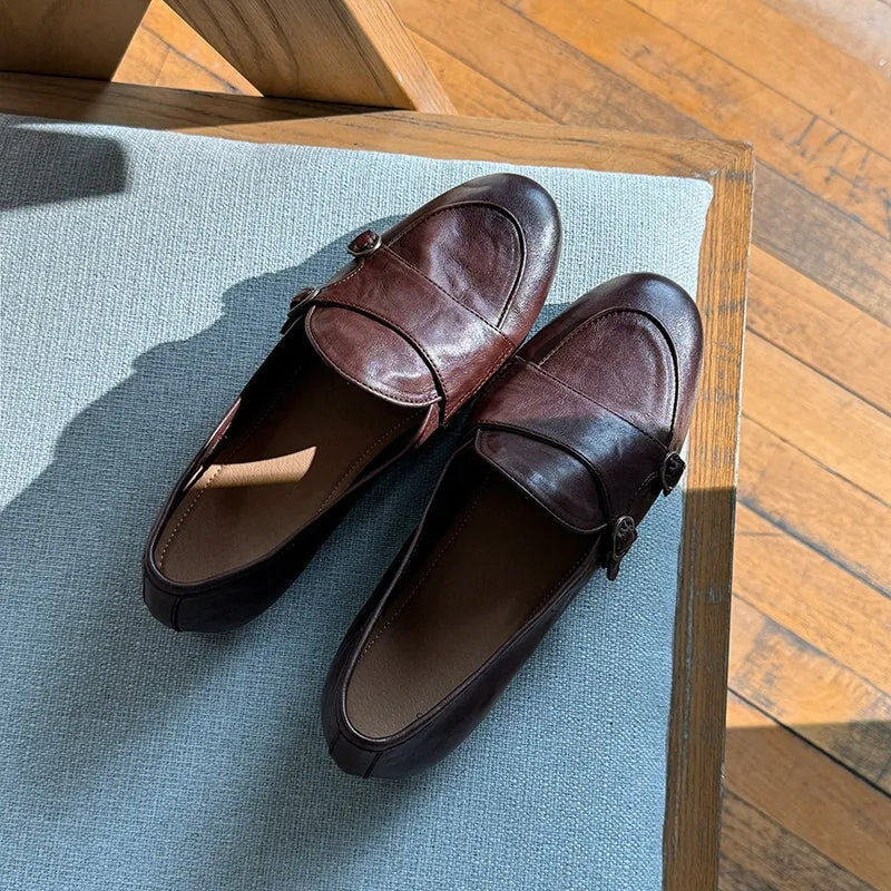 British Style Round Toe Monk Strap Low Heel Loafers in Brown/Black