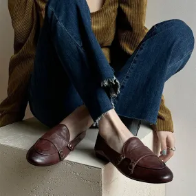 British Style Round Toe Monk Strap Low Heel Loafers in Brown/Black