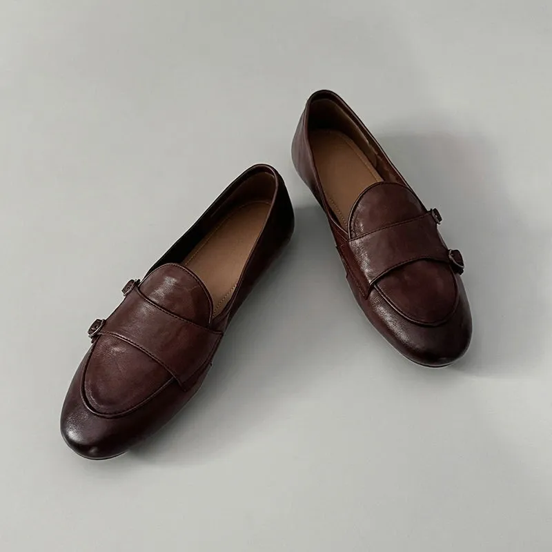 British Style Round Toe Monk Strap Low Heel Loafers in Brown/Black