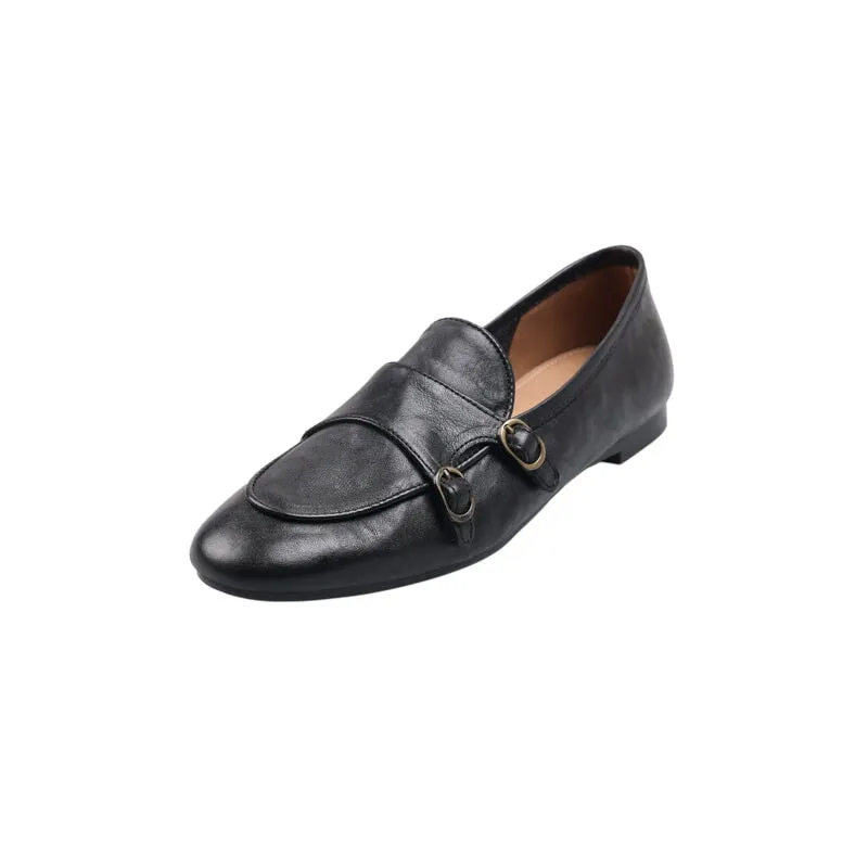 British Style Round Toe Monk Strap Low Heel Loafers in Brown/Black