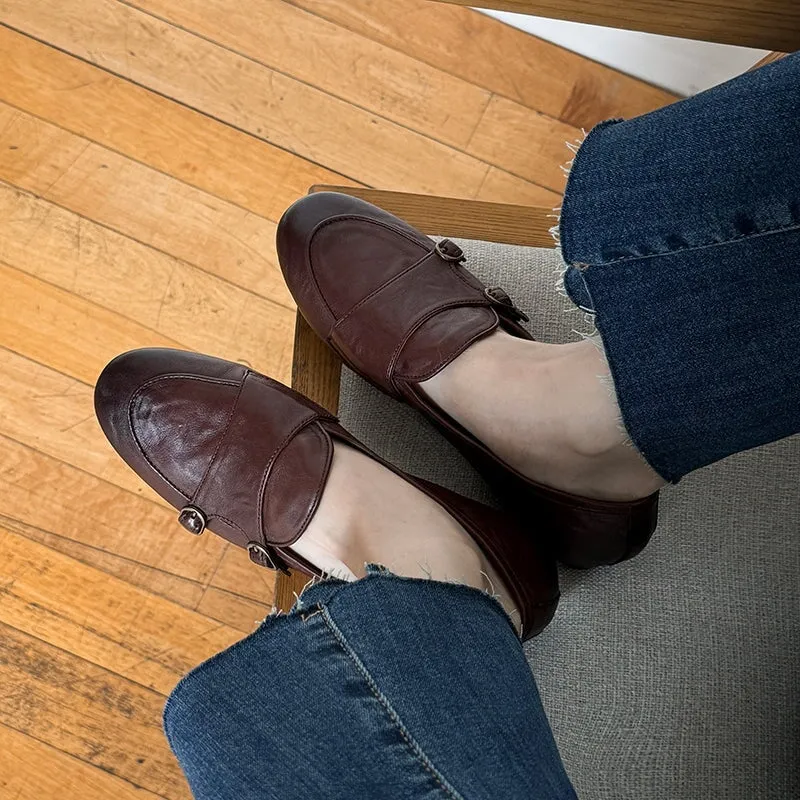 British Style Round Toe Monk Strap Low Heel Loafers in Brown/Black