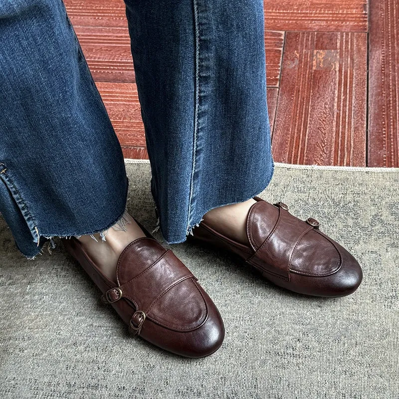 British Style Round Toe Monk Strap Low Heel Loafers in Brown/Black