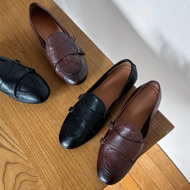 British Style Round Toe Monk Strap Low Heel Loafers in Brown/Black