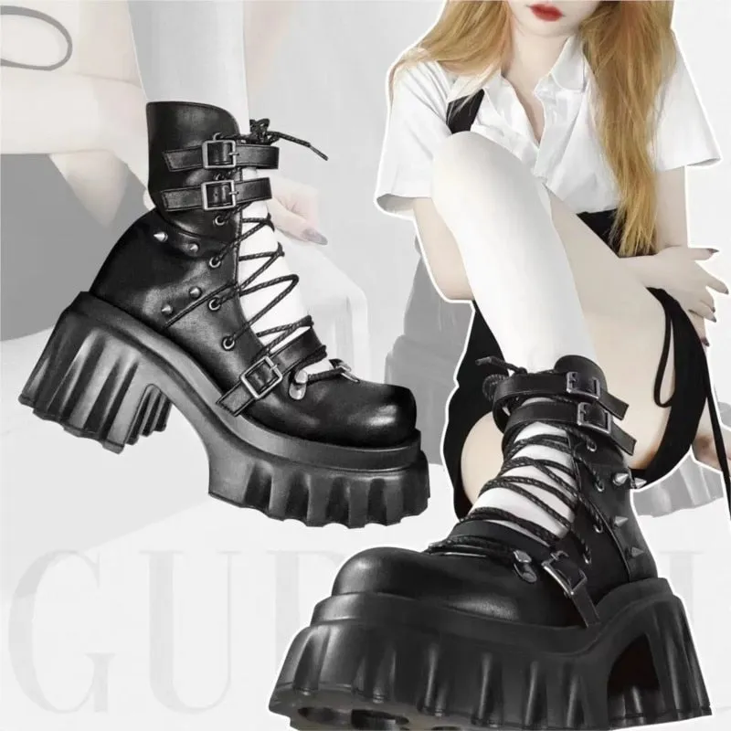Dark Gothic Hollow Sandals Women Thick Sole Metal Buckle Punk Spice Single Shoes Chunky Heel Platform Cross Tied Y2K Shoes