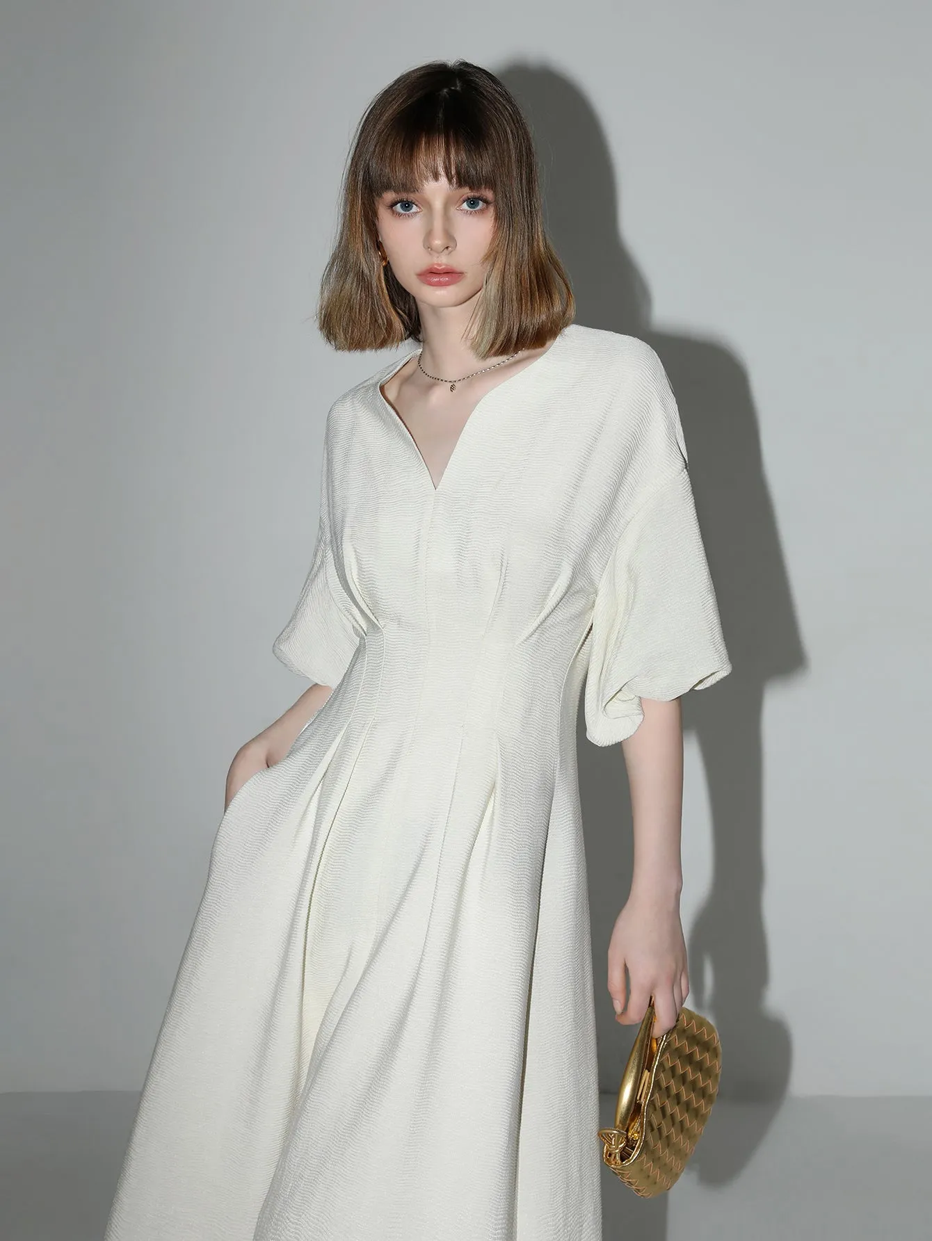 Elegant Textured Pleated French Tea Dress