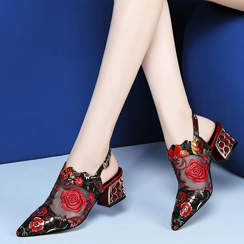 Floral Mesh Embroidery Buckle Strap Block Heel Pumps