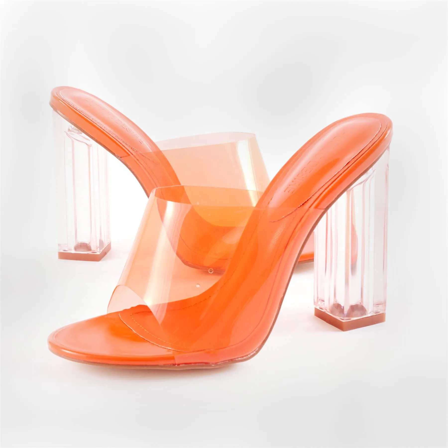 Fushion Clear Perspex Mules in Orange