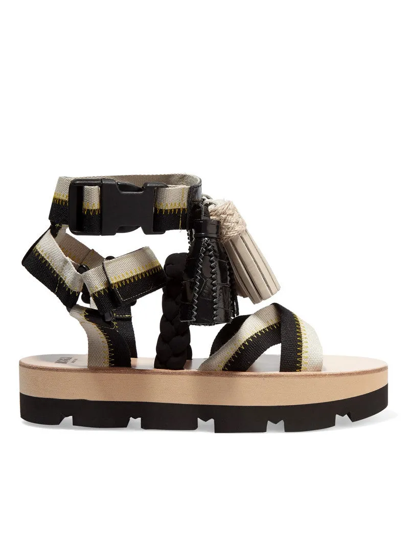 MSGM Multi Tassels Platform Sandals - Beige/Black