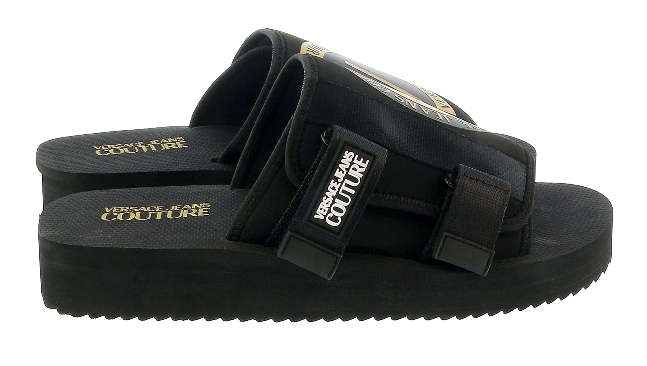 Versace Jeans Couture Black Gold V Logo Strap On Fashion Beach Sandal-