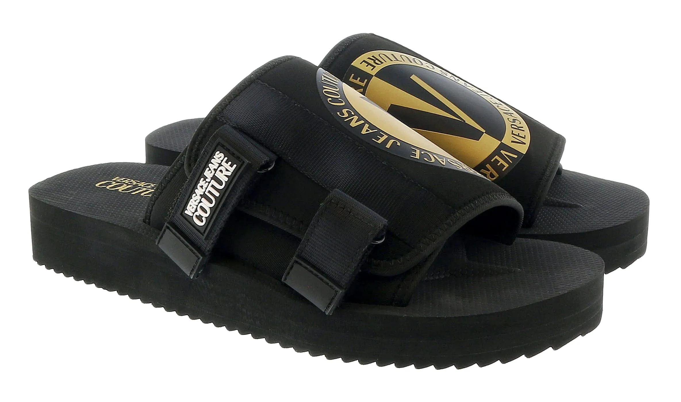 Versace Jeans Couture Black Gold V Logo Strap On Fashion Beach Sandal-