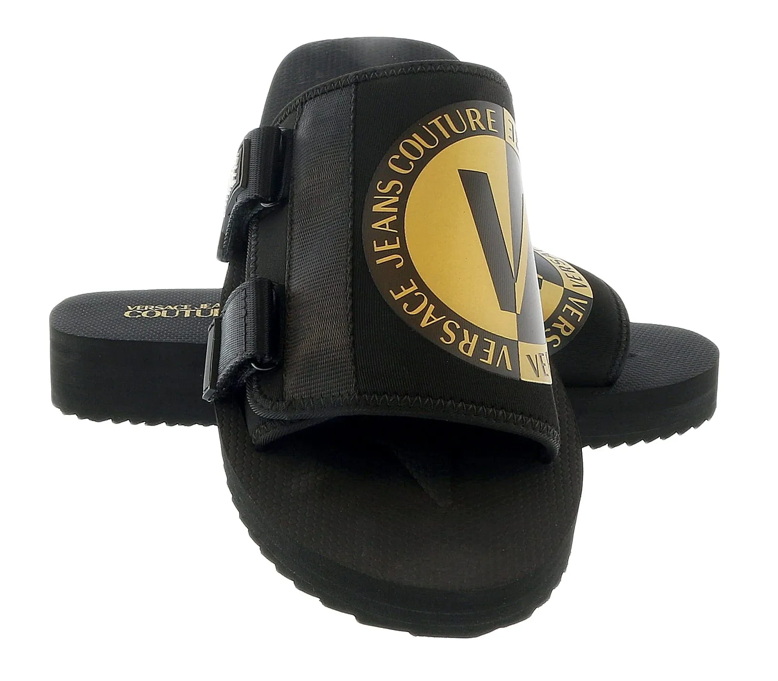 Versace Jeans Couture Black Gold V Logo Strap On Fashion Beach Sandal-