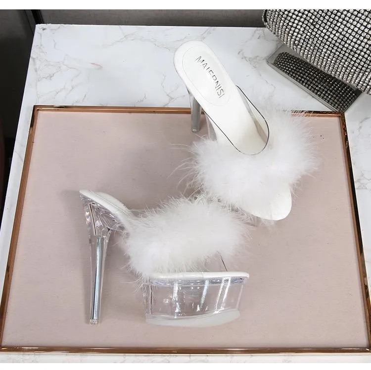 WHITE FUR CLEAR HEELS
