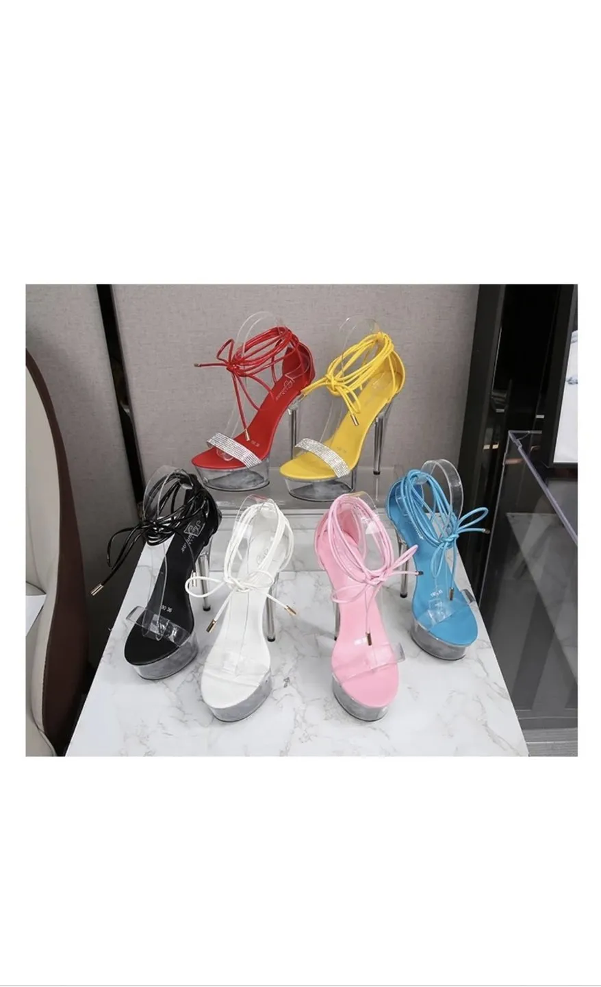 YELLOW SLIM STRAP CLEAR HEELS